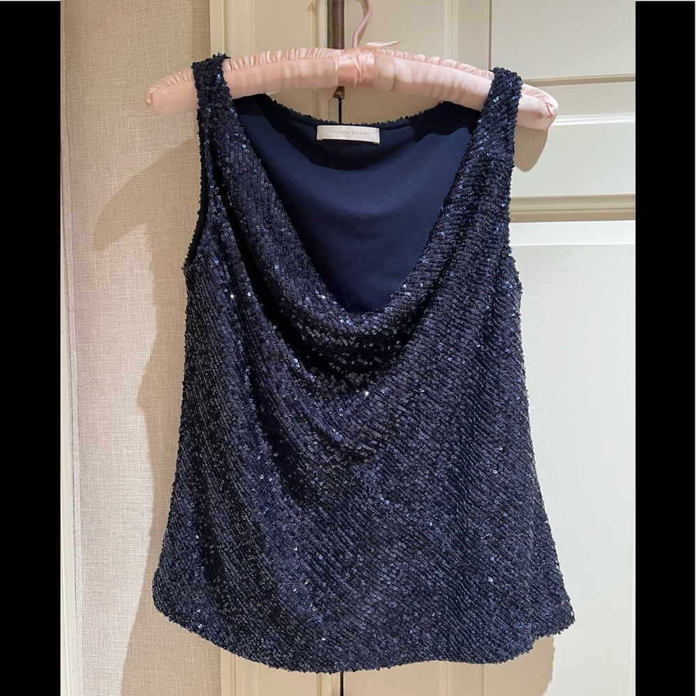 Naeem Khan Women's Cowl Neck Navy Sequin Tank Top Size 6